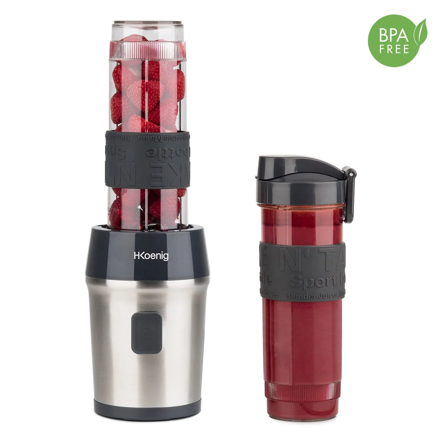 Mini Blender Smoothie Transportable Compact 570mL H.Koenig SMOO18 Sans BPA Puissant 300W, Mixeur à Smoothie 2 Bouteilles Portables, 4 Lames en Inox, 2 gourdes avec couvercles de voyage incluses (Vert) - Image 15
