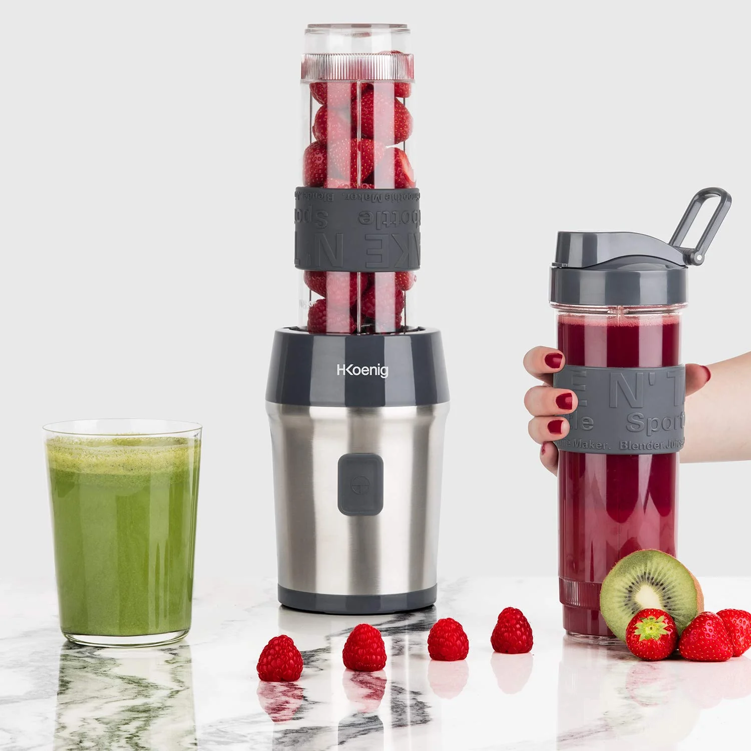 Mini Blender Smoothie Transportable Compact 570mL H.Koenig SMOO18 Sans BPA Puissant 300W, Mixeur à Smoothie 2 Bouteilles Portables, 4 Lames en Inox, 2 gourdes avec couvercles de voyage incluses (Vert) - Image 20