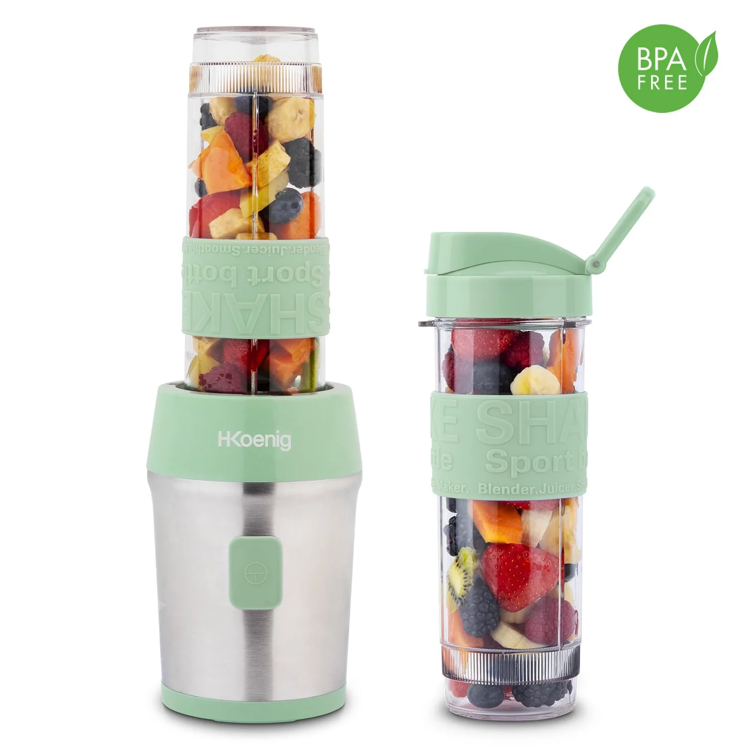 Mini Blender Smoothie Transportable Compact 570mL H.Koenig SMOO18 Sans BPA Puissant 300W, Mixeur à Smoothie 2 Bouteilles Portables, 4 Lames en Inox, 2 gourdes avec couvercles de voyage incluses (Vert) - Image 21