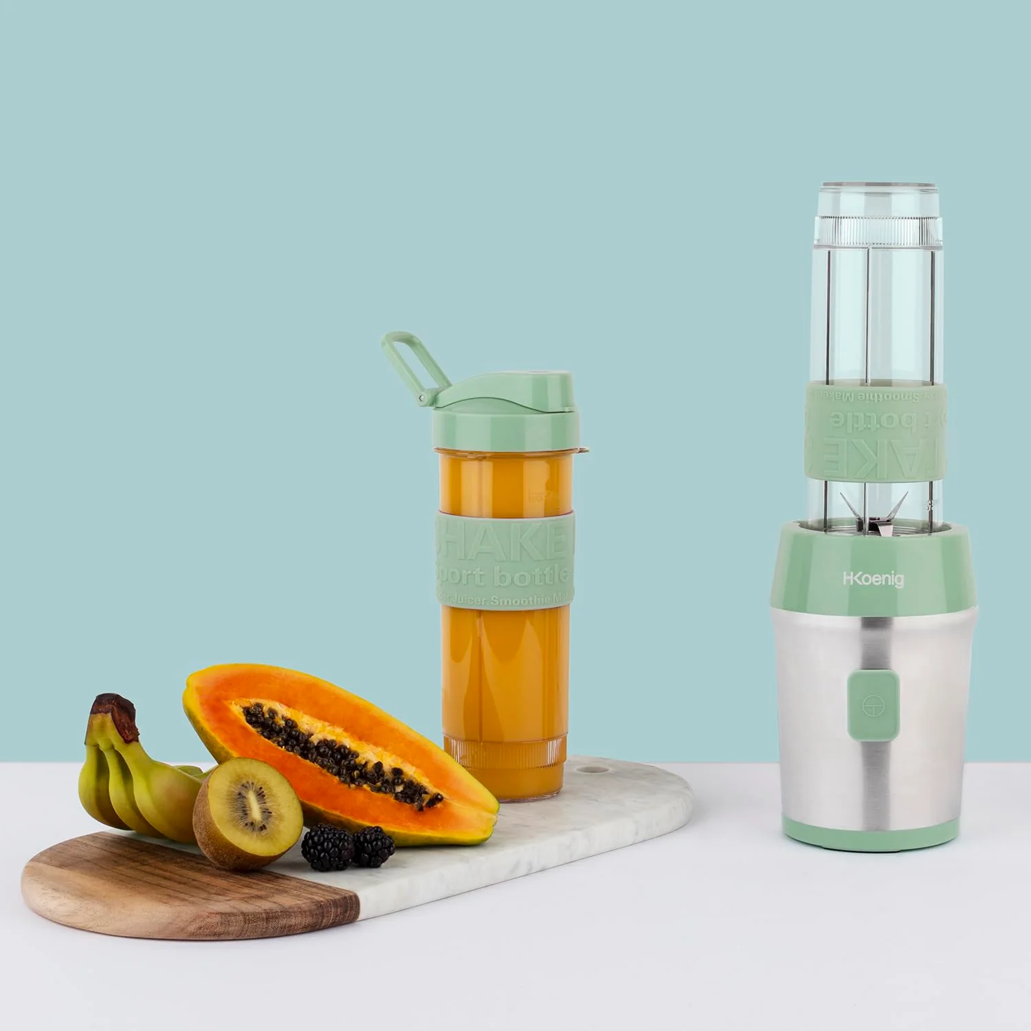 Mini Blender Smoothie Transportable Compact 570mL H.Koenig SMOO18 Sans BPA Puissant 300W, Mixeur à Smoothie 2 Bouteilles Portables, 4 Lames en Inox, 2 gourdes avec couvercles de voyage incluses (Vert) - Image 26