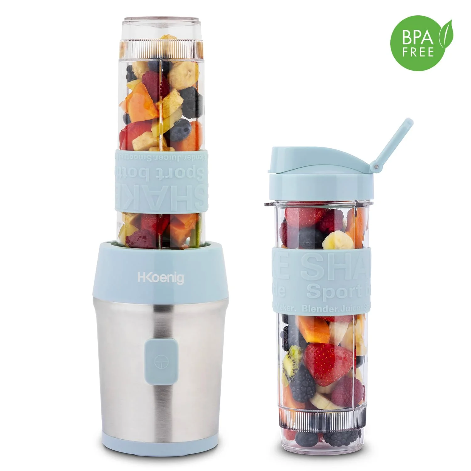 Mini Blender Smoothie Transportable Compact 570mL H.Koenig SMOO18 Sans BPA Puissant 300W, Mixeur à Smoothie 2 Bouteilles Portables, 4 Lames en Inox, 2 gourdes avec couvercles de voyage incluses (Vert) - Image 28