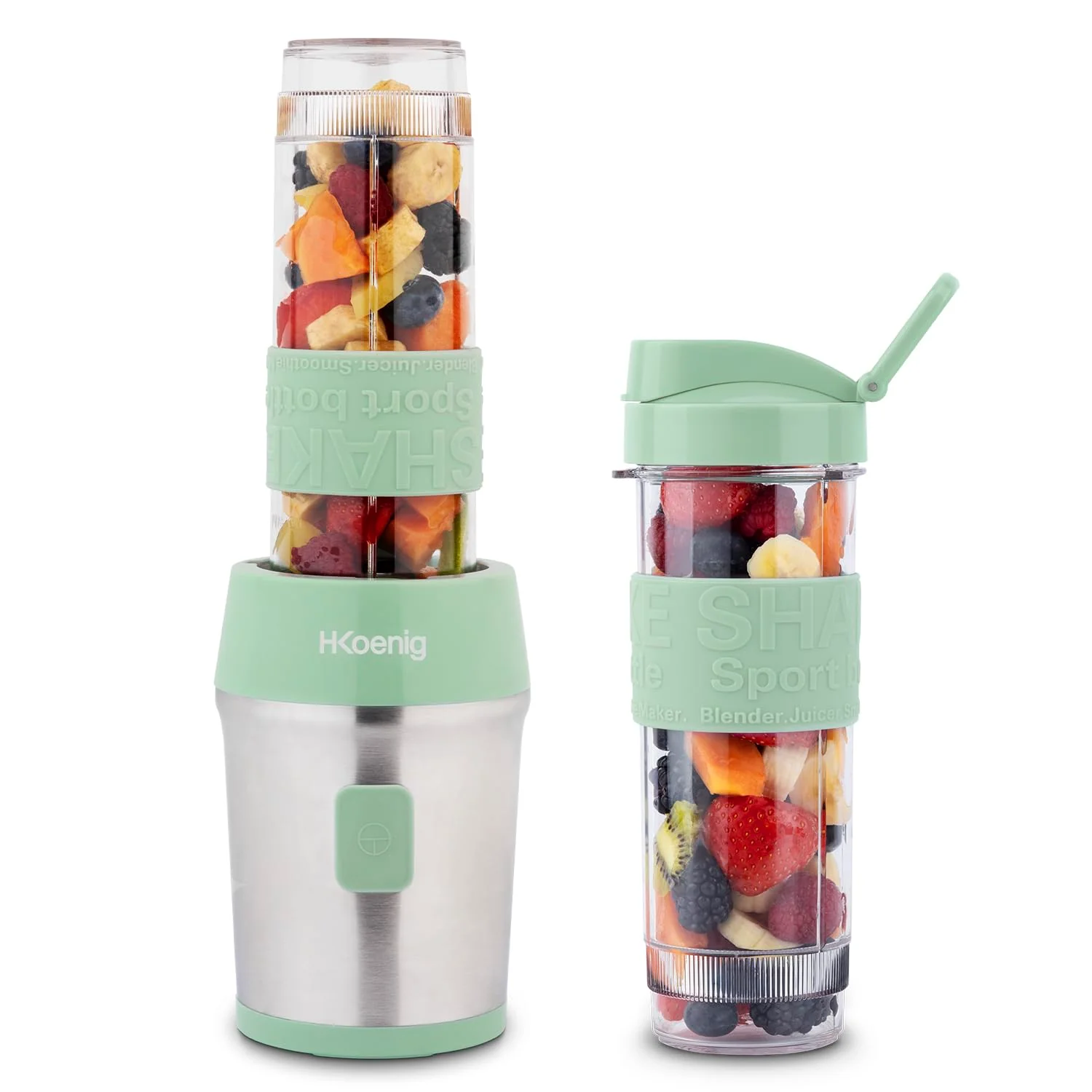 Mini Blender Smoothie Transportable Compact 570mL H.Koenig SMOO18 Sans BPA Puissant 300W, Mixeur à Smoothie 2 Bouteilles Portables, 4 Lames en Inox, 2 gourdes avec couvercles de voyage incluses (Vert) - Image 3