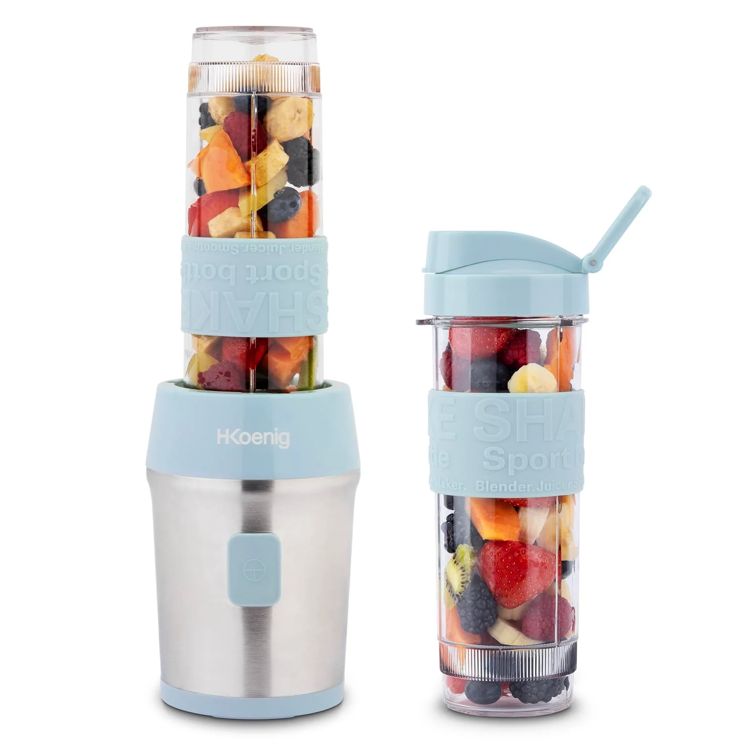Mini Blender Smoothie Transportable Compact 570mL H.Koenig SMOO18 Sans BPA Puissant 300W, Mixeur à Smoothie 2 Bouteilles Portables, 4 Lames en Inox, 2 gourdes avec couvercles de voyage incluses (Vert) - Image 4