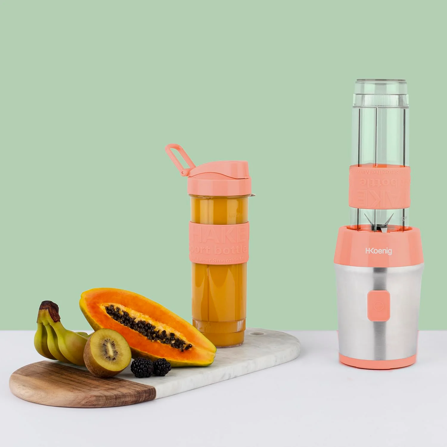 Mini Blender Smoothie Transportable Compact 570mL H.Koenig SMOO18 Sans BPA Puissant 300W, Mixeur à Smoothie 2 Bouteilles Portables, 4 Lames en Inox, 2 gourdes avec couvercles de voyage incluses (Vert) - Image 9