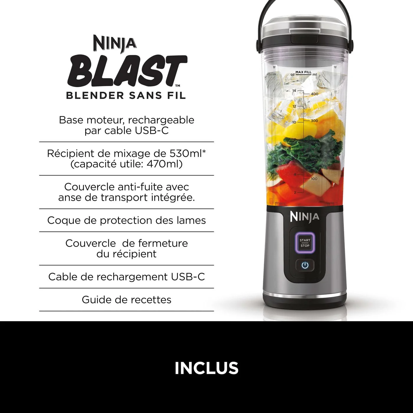 Ninja Blast Blender portable, 530 ml, couvercle résistant aux fuites et bec verseur, mini mixeur sans fil puissant, rechargeable, mixe smoothies, shakes protéinés et glaçons, Noir, BC151EUBK - Image 36