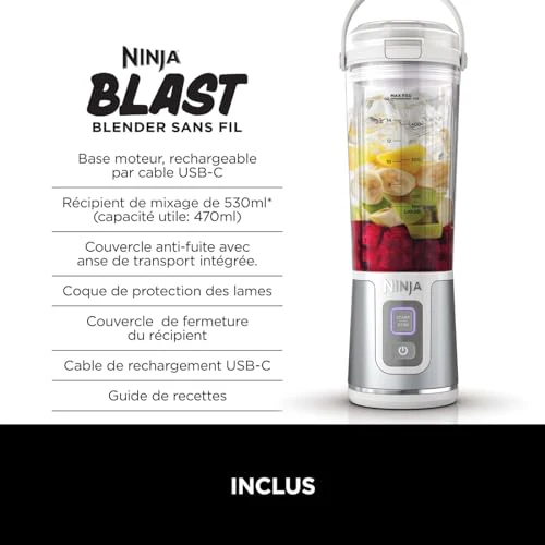 Ninja Blast Blender portable, 530 ml, couvercle résistant aux fuites et bec verseur, mini mixeur sans fil puissant, rechargeable, mixe smoothies, shakes protéinés et glaçons, Noir, BC151EUBK - Image 62