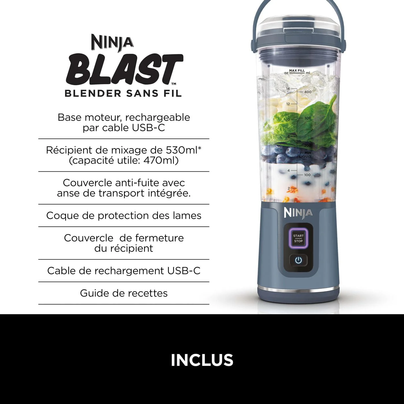 Ninja Blast Blender portable, 530 ml, couvercle résistant aux fuites et bec verseur, mini mixeur sans fil puissant, rechargeable, mixe smoothies, shakes protéinés et glaçons, Noir, BC151EUBK - Image 63