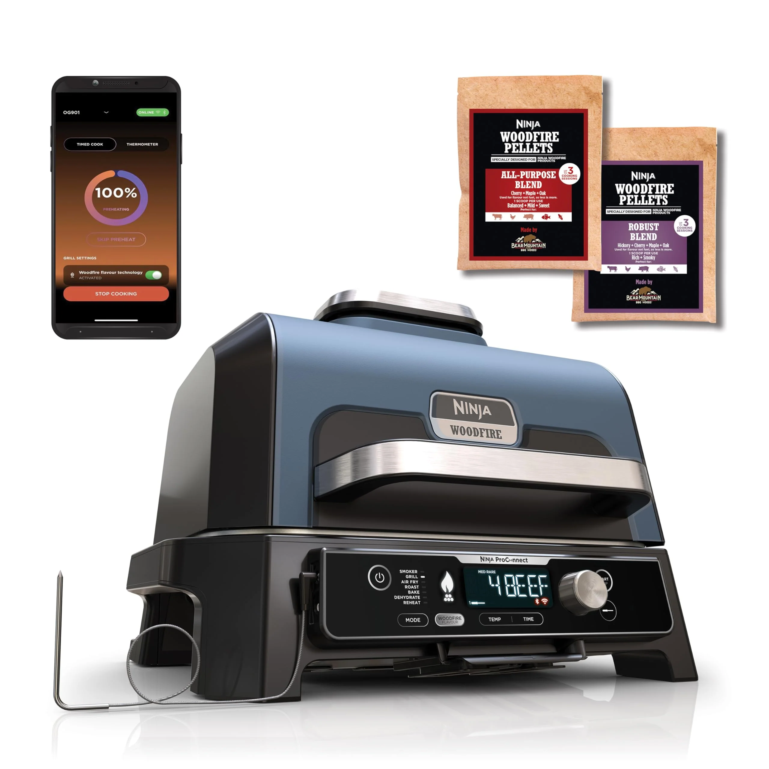Ninja Woodfire Pro Connect XL Barbecue Électrique & Fumoir avec Contrôle d'Application, 2 Sondes, Grille, Housse, Revêtements & Brosse, Grill & Friteuse sans huile 7-en-1, Bleu & Noir OG901EUAMZ - Image 3