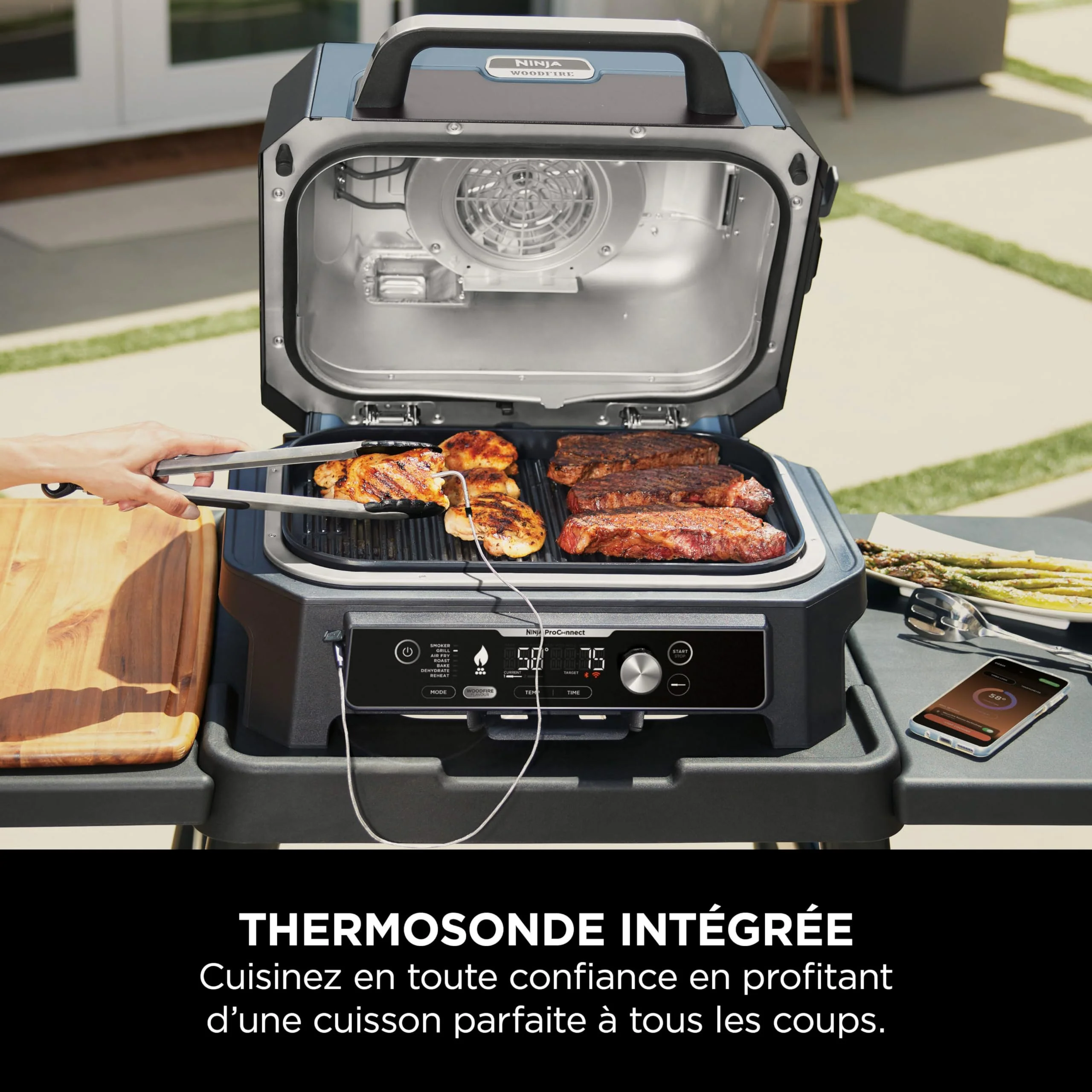 Ninja Woodfire Pro Connect XL Barbecue Électrique & Fumoir avec Contrôle d'Application, 2 Sondes, Grille, Housse, Revêtements & Brosse, Grill & Friteuse sans huile 7-en-1, Bleu & Noir OG901EUAMZ - Image 8
