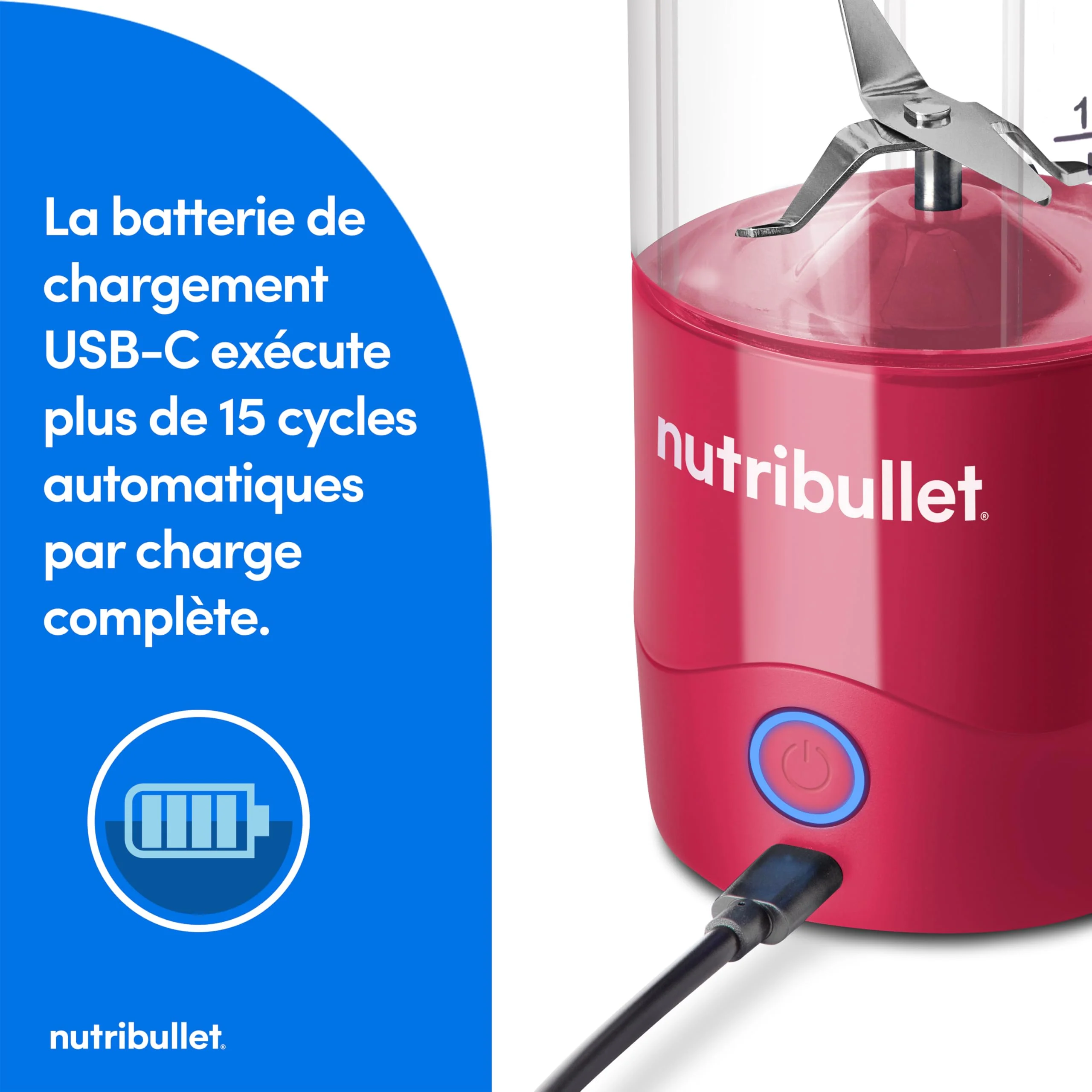 Nutribullet blender portable léger, tasse tritan sans BPA 475ml, mini blender avec lame en acier inoxydable 4 points, blender nomade, chargeur USB-C, plus de 15 cycles avant recharge NBP003B - Image 25