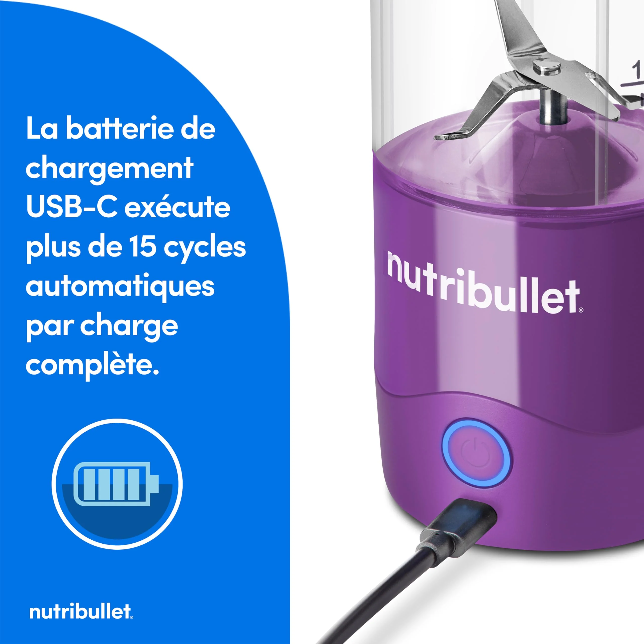 Nutribullet blender portable léger, tasse tritan sans BPA 475ml, mini blender avec lame en acier inoxydable 4 points, blender nomade, chargeur USB-C, plus de 15 cycles avant recharge NBP003B - Image 33