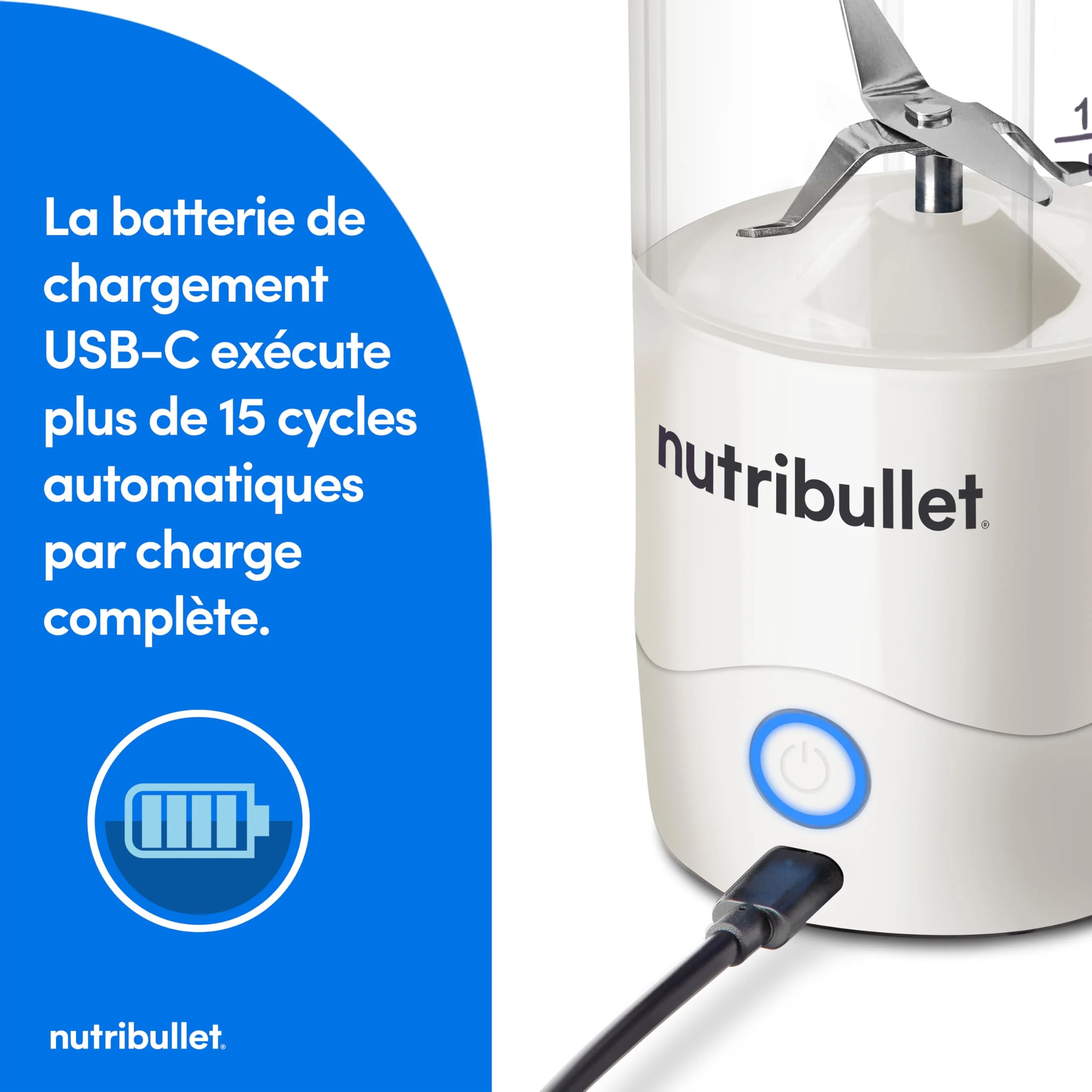 Nutribullet blender portable léger, tasse tritan sans BPA 475ml, mini blender avec lame en acier inoxydable 4 points, blender nomade, chargeur USB-C, plus de 15 cycles avant recharge NBP003B - Image 7
