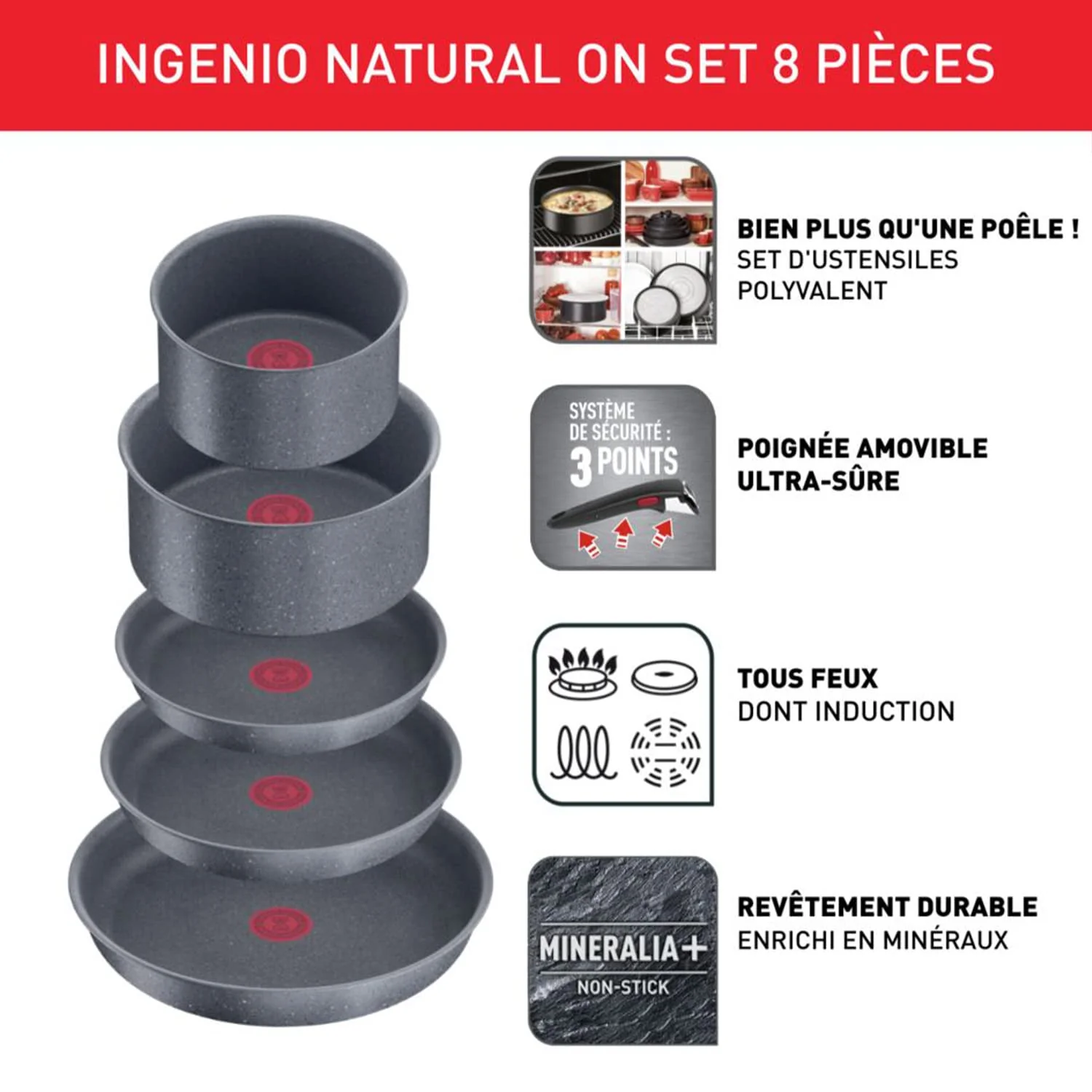 Lot de 3 Casseroles Tefal Ingenio Natural On 16 / 18 / 20 cm + Poignée Amovible - Image 6